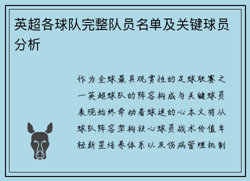 英超各球队完整队员名单及关键球员分析